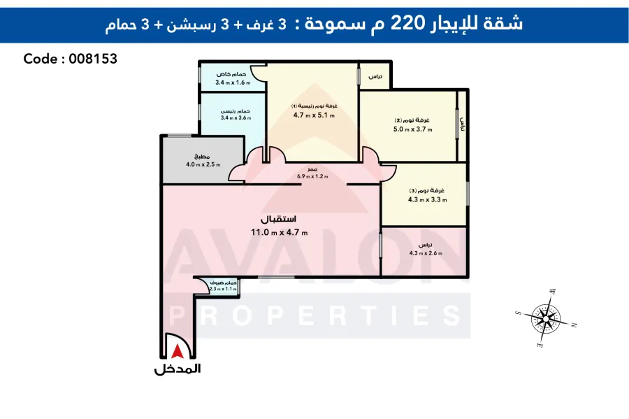 شقة للايجار220 م سموحة (ش بهاء الدين الغتورى)