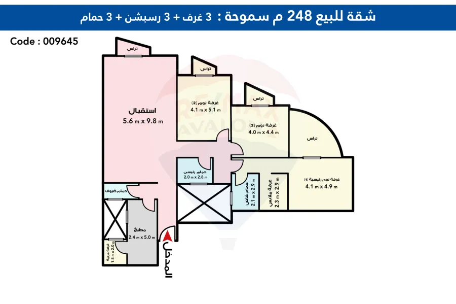 شقه للبيع 248 م سموحة (شارع فوزي معاذ الرئيسى)