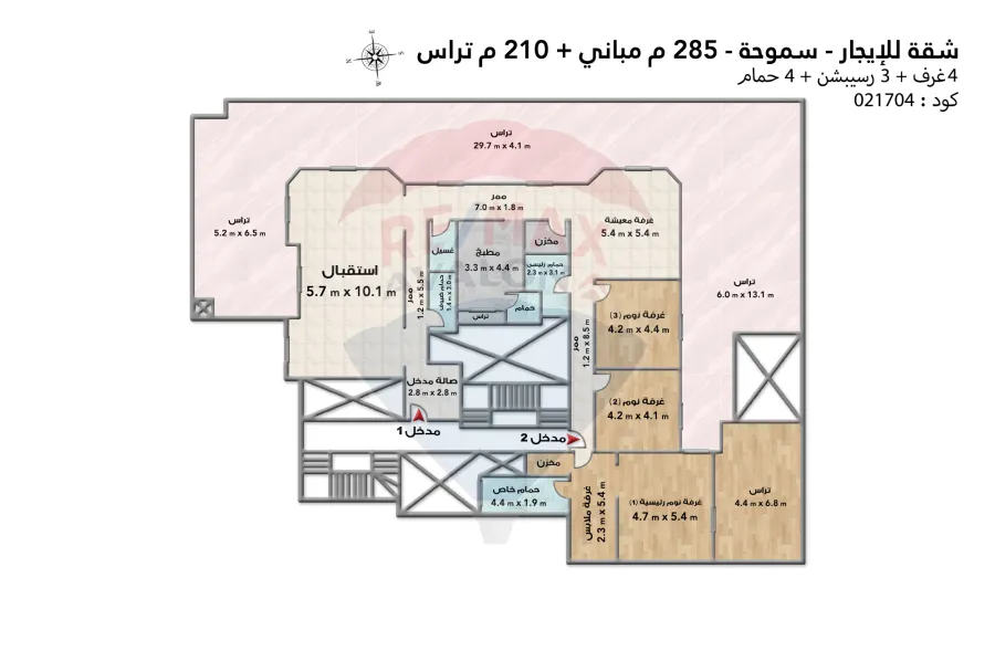 شقة للإيجار 285 م مباني + 210 م تراس سموحة (شارع زكي رجب)