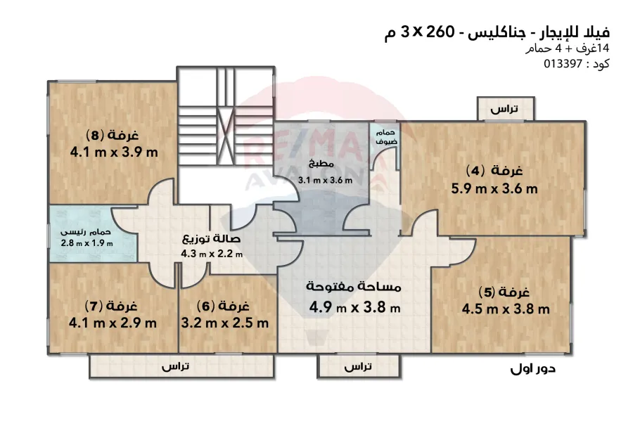 فيلا للإيجار 260 م ×3 ادوار جناكليس (خطوات من الترام)