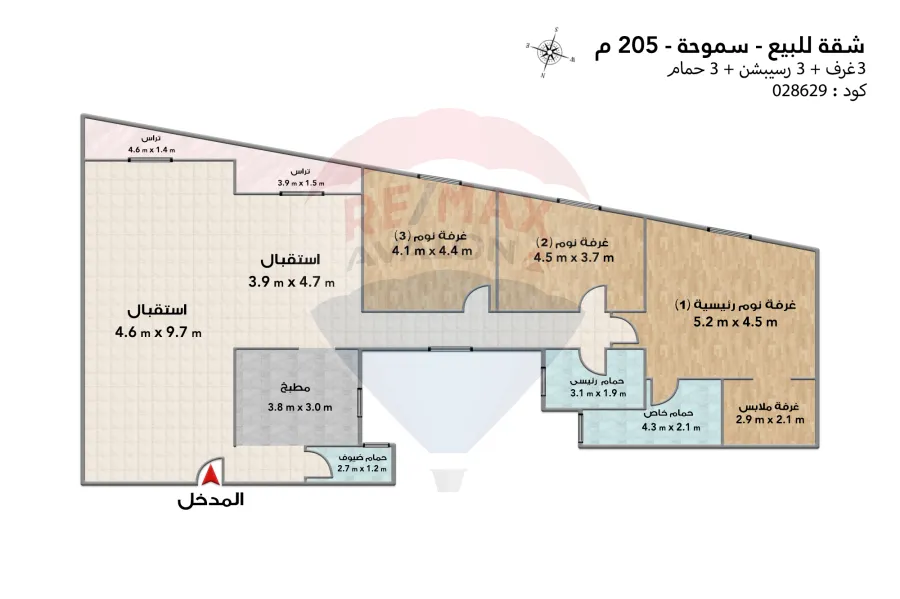 شقة للبيع 205 م سموحه (ش فوزي معاذ الرئيسي)