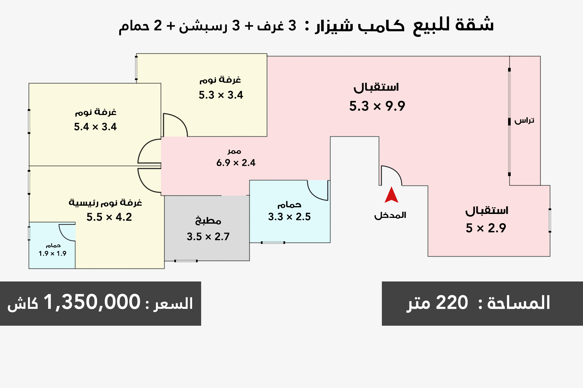 شقة للبيع 220 م كامب شيزار ( ش طيبة )