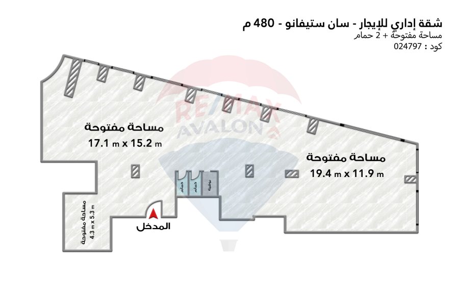 مقر إداري للإيجار480 م سان ستيفانو (على الترام مباشرة - عمارة براند) - يصلح لكافة الأنشطة والبراندات