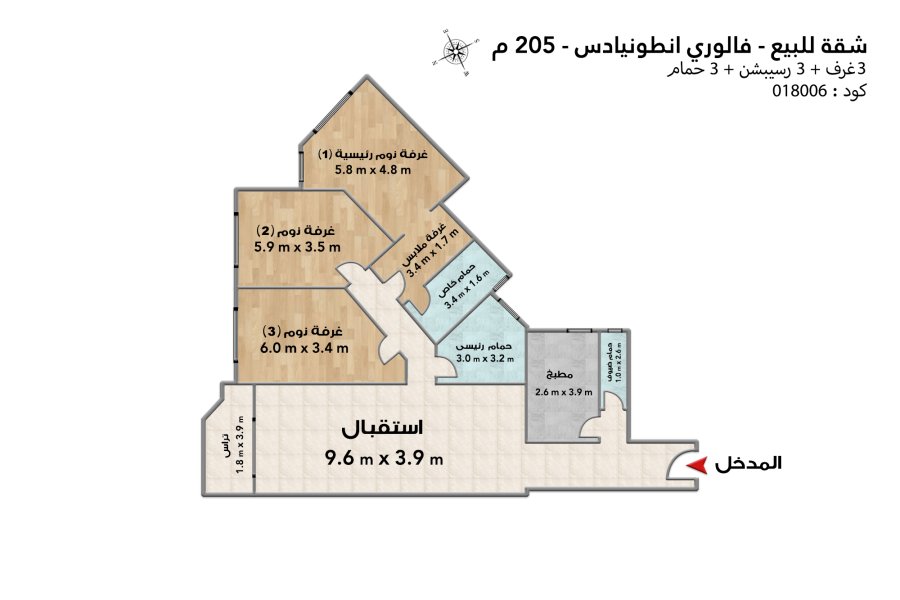 شقة للبيع 205 م سموحة (فالوري انطونيادس)
